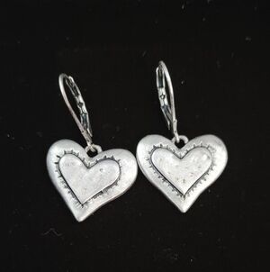 Silver Heart Earrings With Black And Hammered Metal Accents